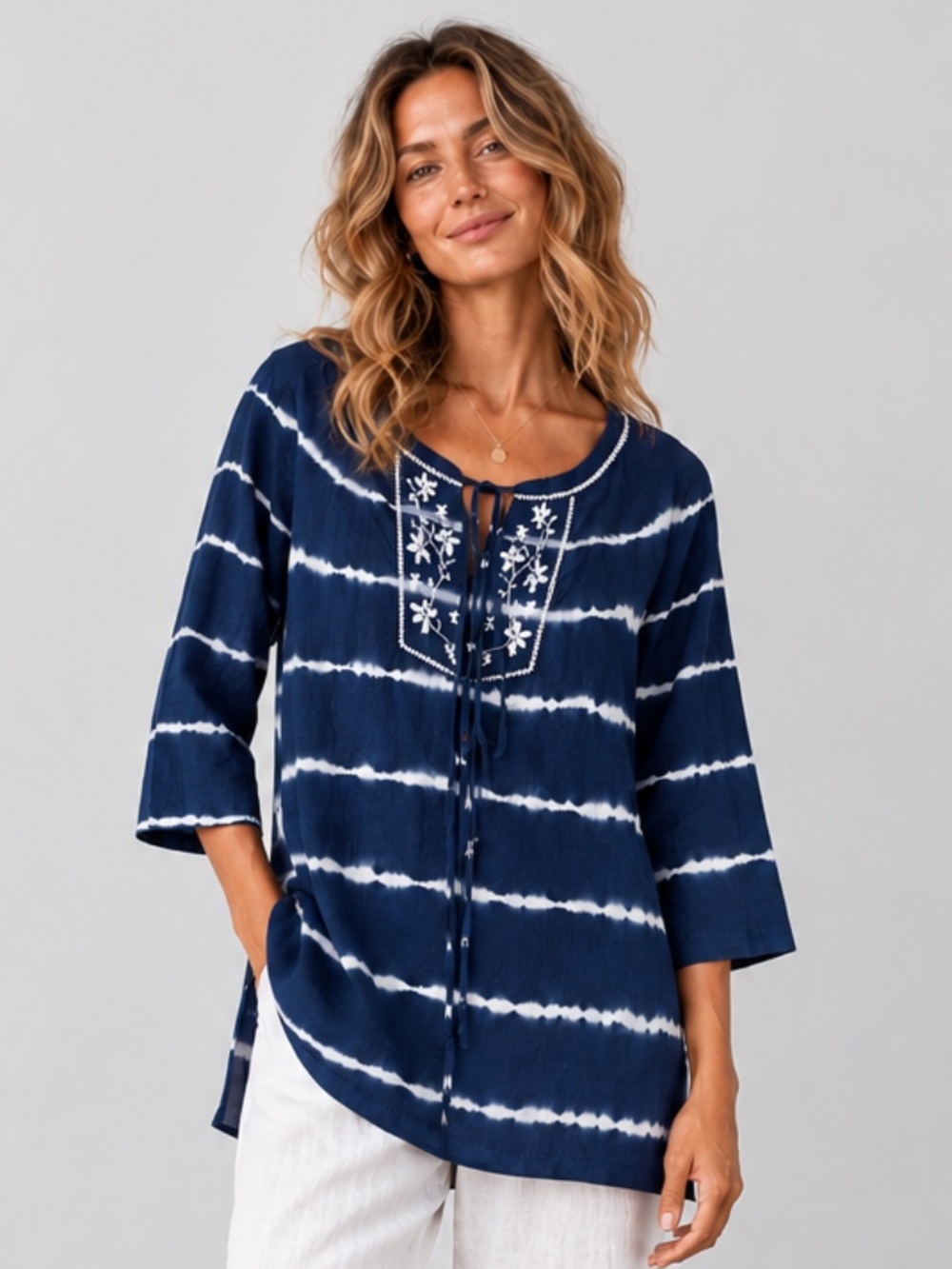 TOMMY BAHAMA Blue Tie Dye Embroidered Linen Tunic Top Split Neck 3/4 Sleeve S